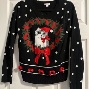 Xhilaration Black Sweater with Festive Cat and Wreath